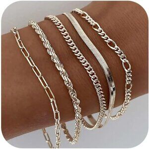 Women Waterproof 14K Gold Plated Stackable Chain Bracelet Set
